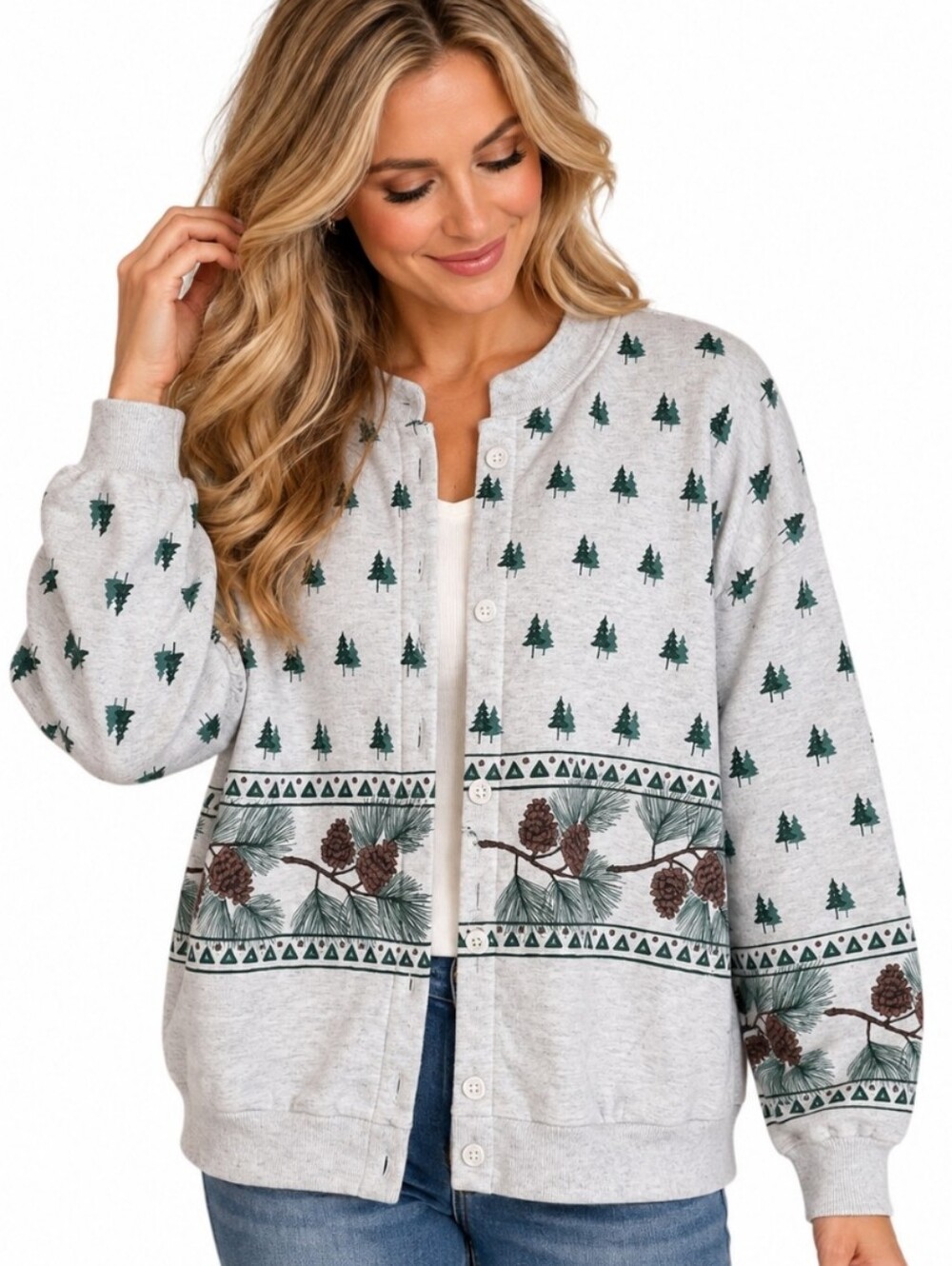 Artisans Southern Designs Pine Tree Pinecone Cardigan Sweatshirt Jacket Large